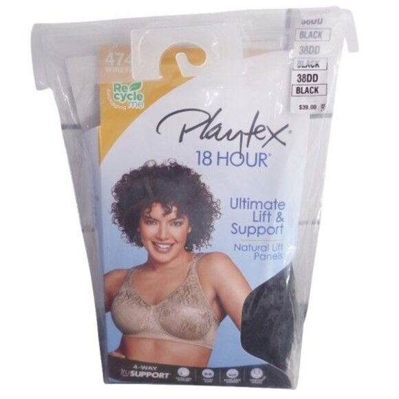 NEW Playtex 18 Hour Ultimate Lift and Support Wireless Bra Black Size 38DD 4745 - Picture 1 of 6